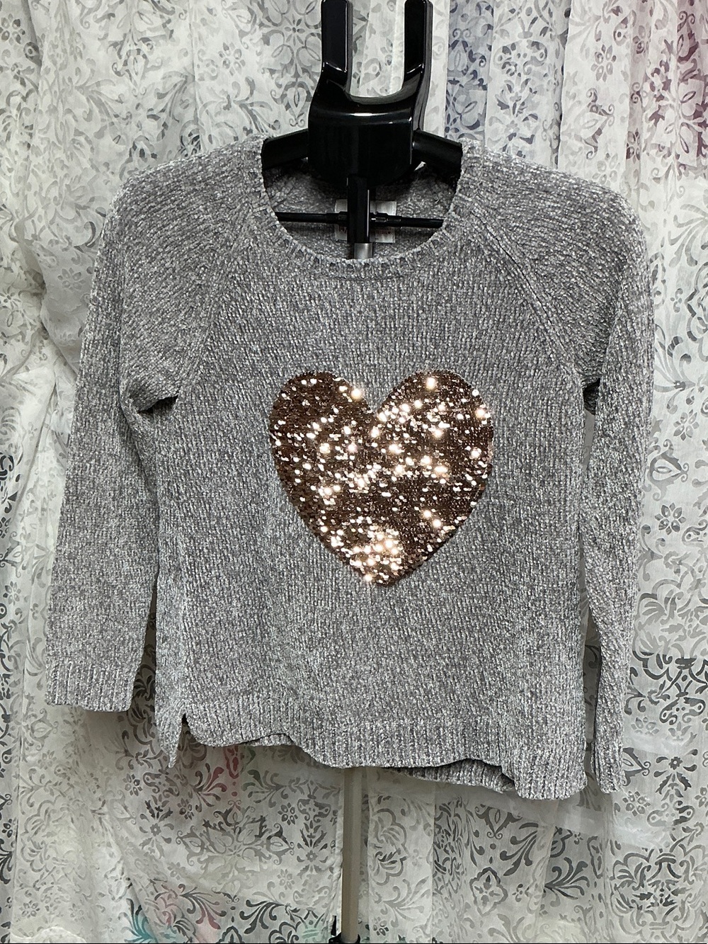 ❤️ Justice 14-16 Gray Chenille Crewneck Sweater with Rose Gold Flip Sequin Heart